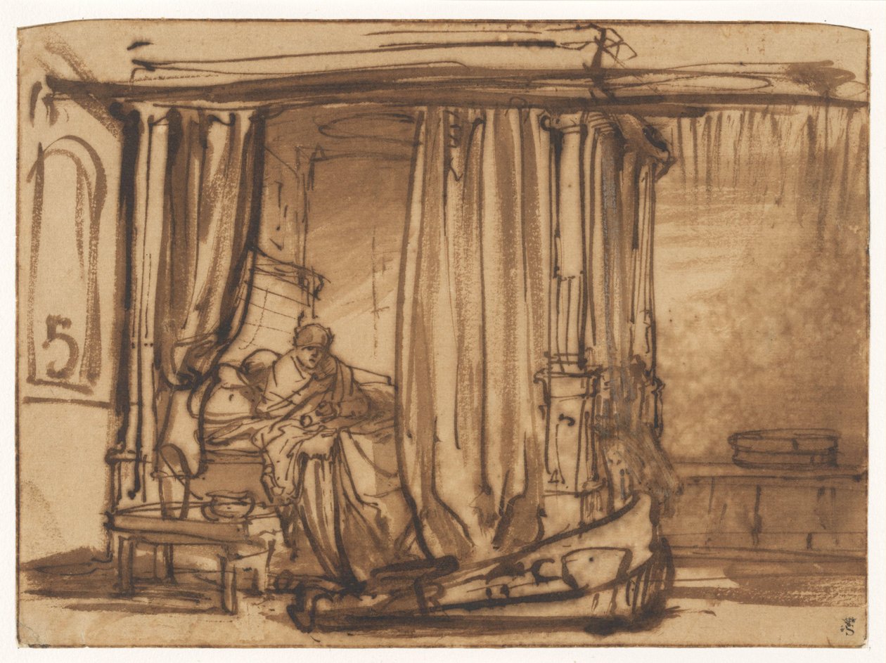 Bedroom with Saskia Sitting in a Canopy Bed by Rembrandt van Rijn