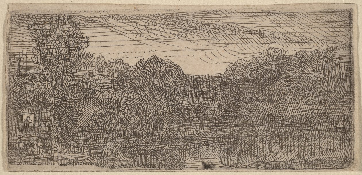 Small Gray Landscape: A House and Trees Beside a Pool by Rembrandt van Rijn