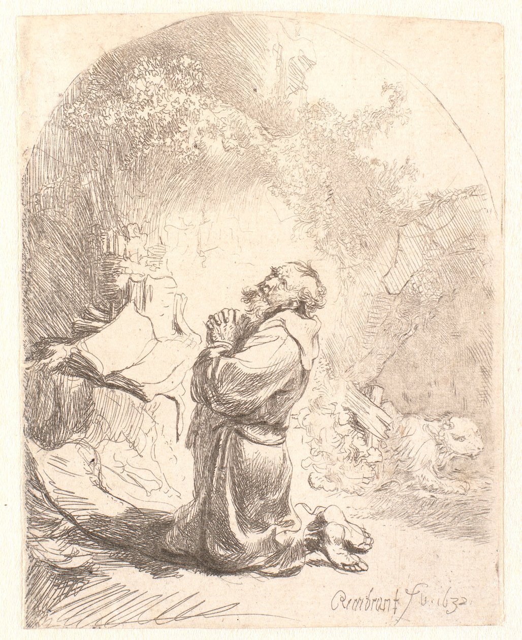 St. Jerome Praying: Arched Print by Rembrandt van Rijn