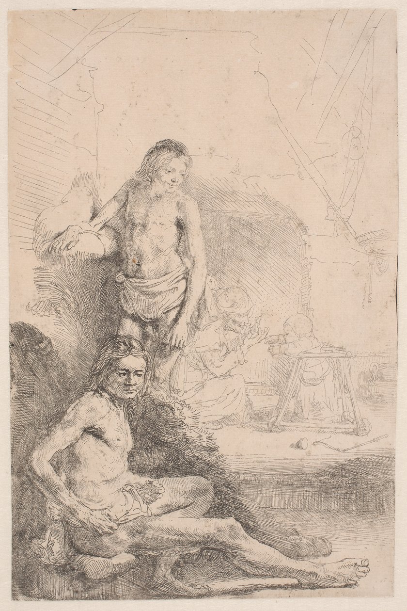 Studies from the Nude: One Man Seated and Another Standing, with a Woman and Baby Lightly Etched in the Background by Rembrandt van Rijn