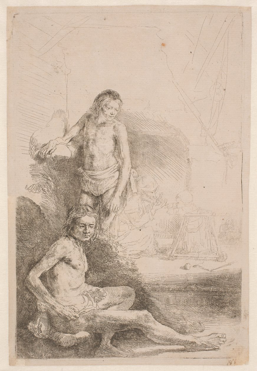 Studies from the Nude: One Man Seated and Another Standing with a Woman and Baby in the Background by Rembrandt van Rijn