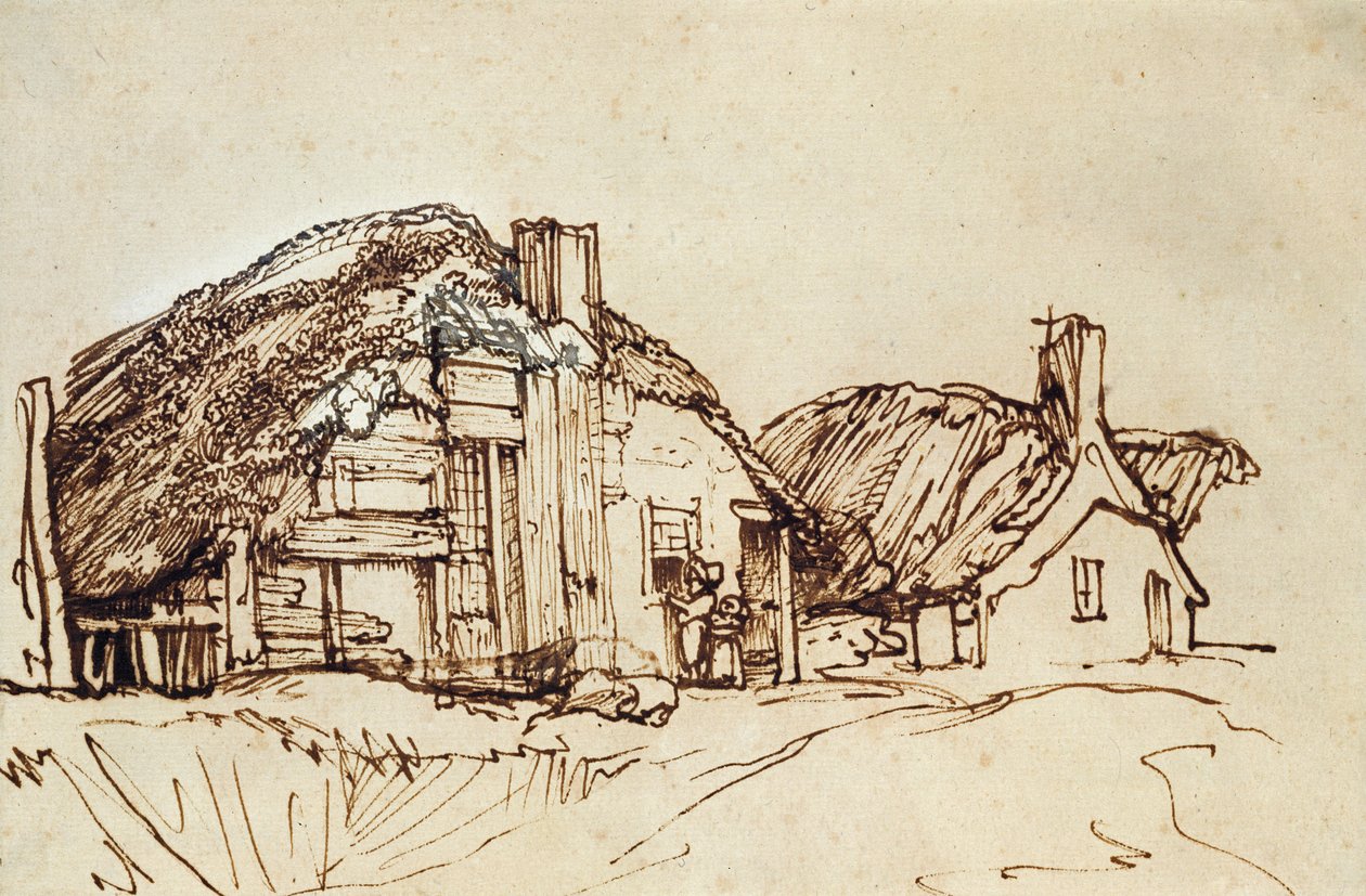 Two Thatched Cottages with Figures at the Window by Rembrandt van Rijn