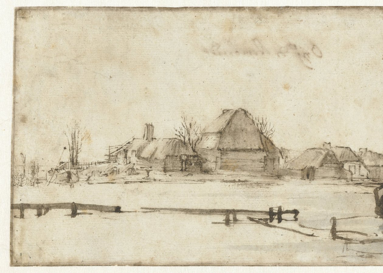 Winter View with a Waterway, Cottages and Two Boats by Rembrandt van Rijn