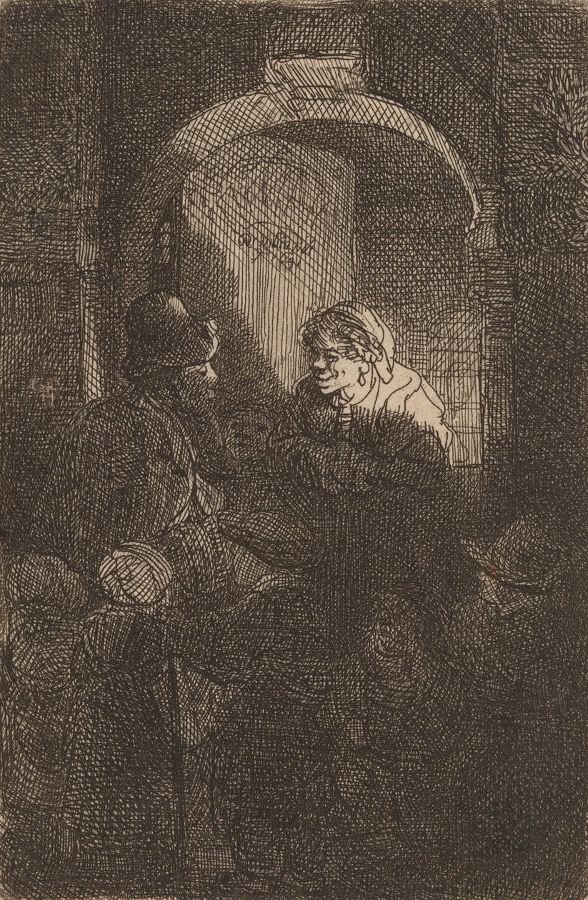Woman at a Door Hatch Talking to a Man and Children The Schoolmaster by Rembrandt van Rijn