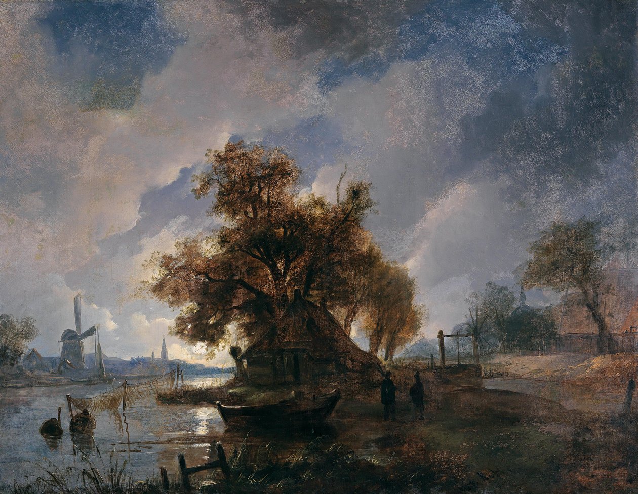 Dutch River Landscape in the Moonlight by Remigius Adrianus Haanen