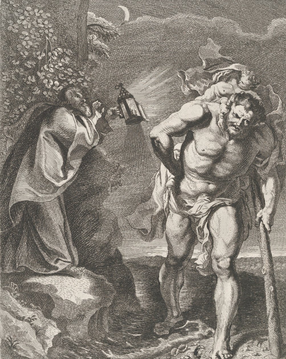 Saint Christopher carrying the Christ child across a stream, another man holding a staff by Remoldus Eynhoudts