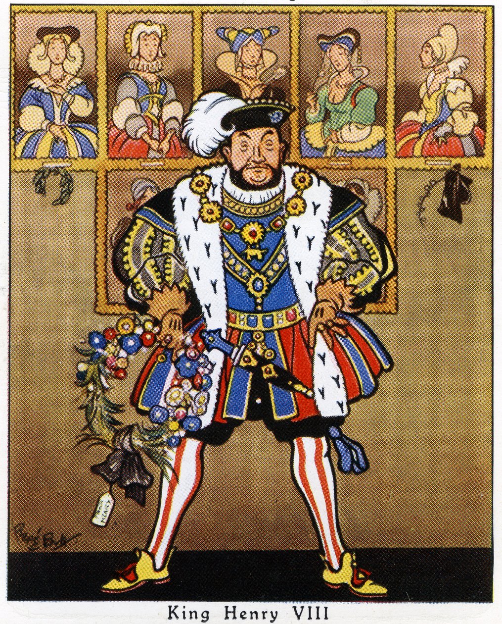 King Henry VIII Decorating the Portraits of His Wives with Holly, Mistletoe and a Wreath for Christmas, 1936 by René Bull