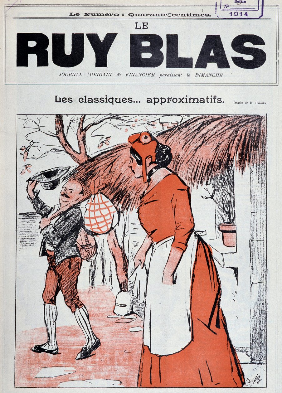 Marianne as a Peasant, with a Handkerchief in Her Hand, on the Footsteps of Her House Watching a Man Leave to Greet Her - Drawing by R. Berger for the Cover of Ruy Blas, January 1 by Rene Berger
