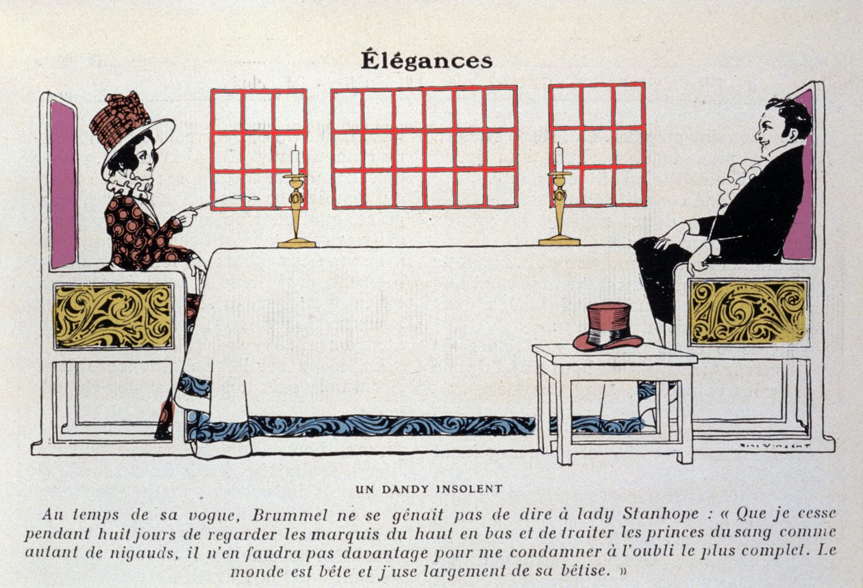 A representation of Beau Brummell (George Bryan Brummell) (1778-1840) at table in front of Lady Stanhope, he gave birth to the expression 