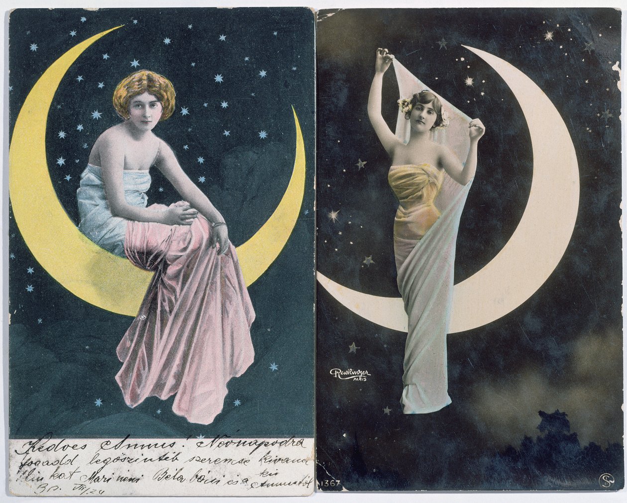 Hungarian and French postcards depicting a woman and a crescent moon (c ...
