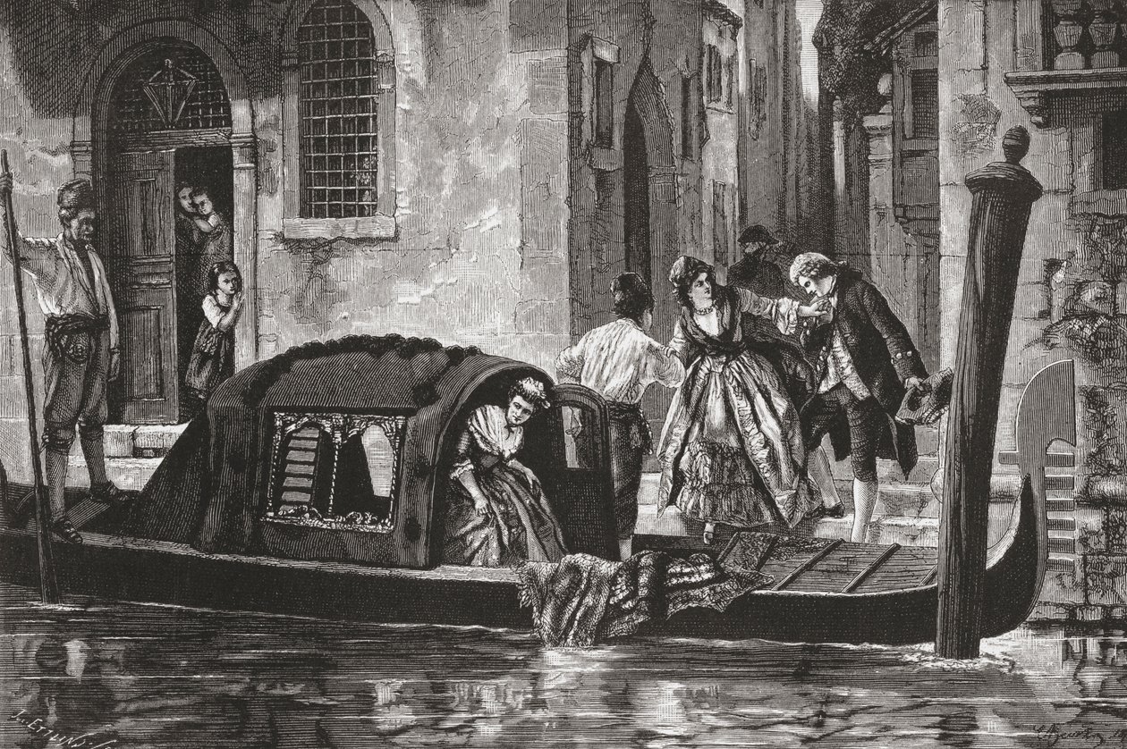 Passengers Alighting from a Gondola on the Grand Canal, Venice, Italy in the Late 19th Century by Reverend Samuel Manning