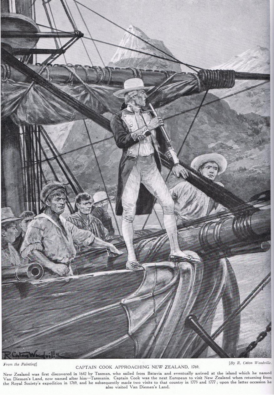 Captain Cook approaching New Zealand, illustration from 