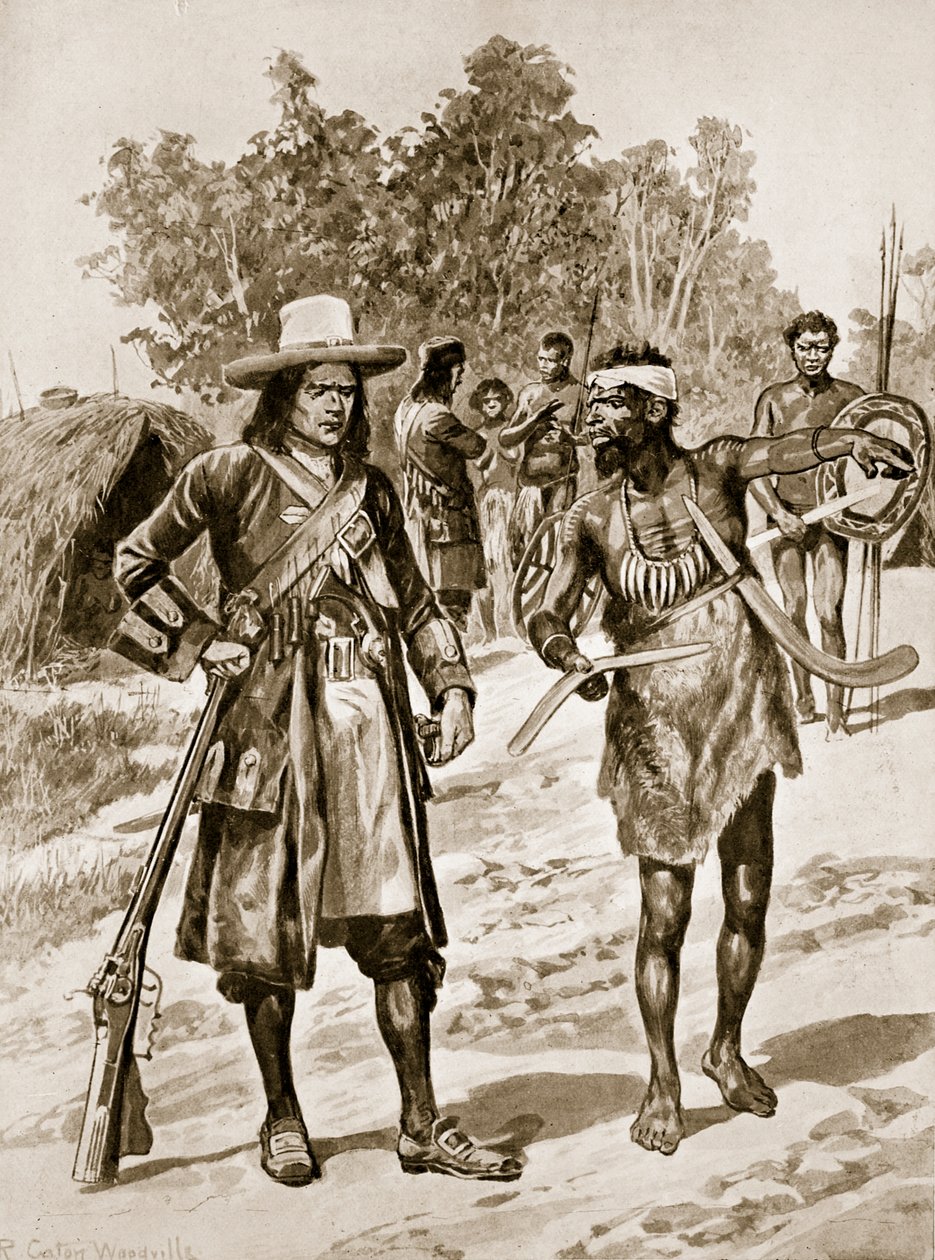 Dampier examining a boomerang in Australia, illustration from 