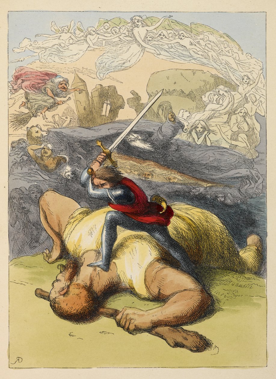 Jack standing on the body of a giant, with his sword raised by Richard Doyle