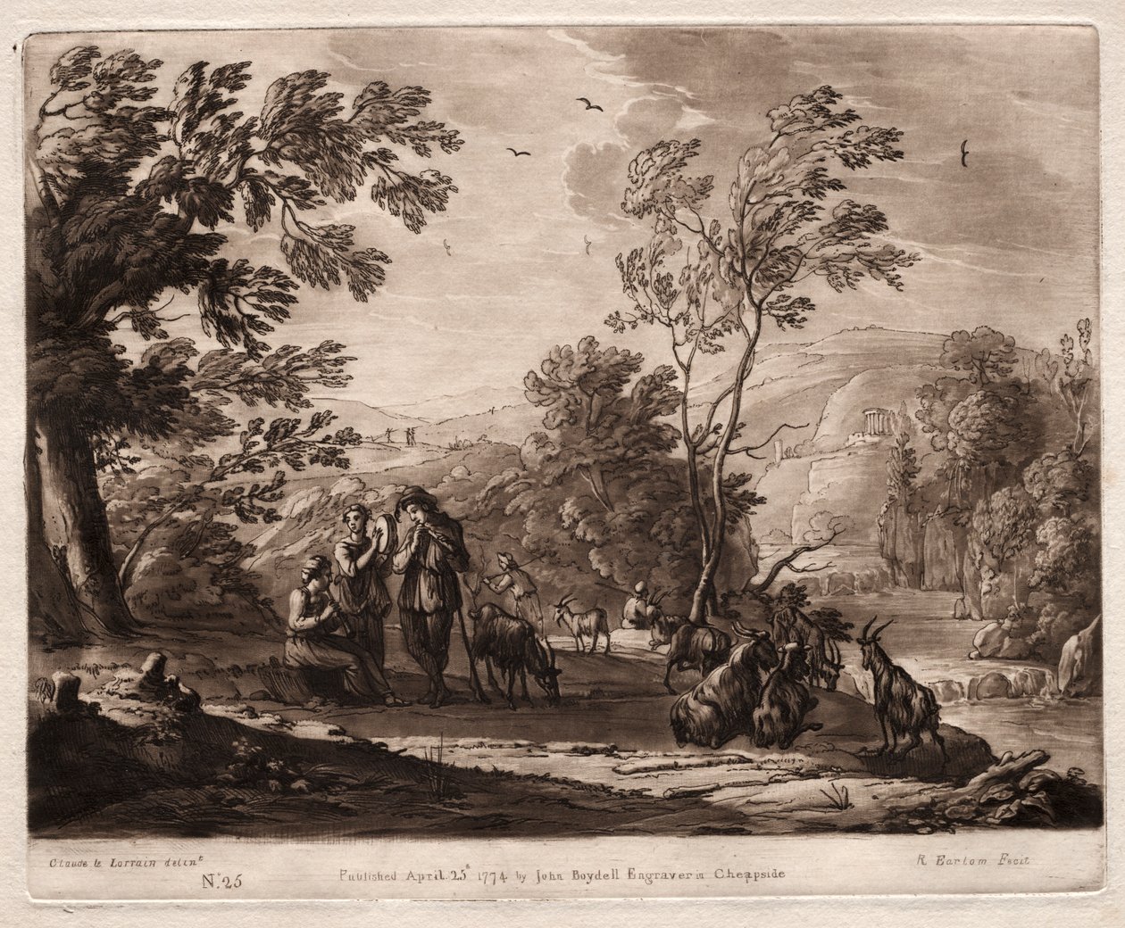 Liber Veritatis: No. 25, A Mountainous and Wooded Landscape with Shepherds Playing and Goats Browsing by Richard Earlom