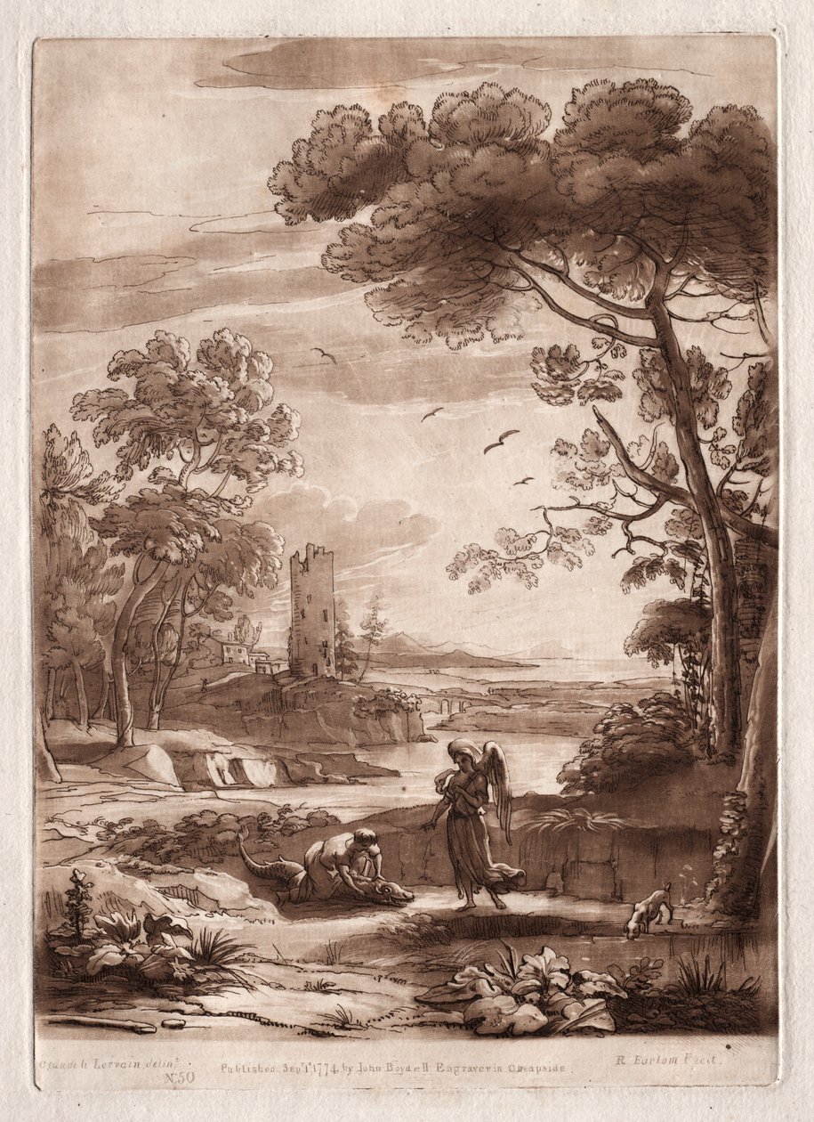 Liber Veritatis: No. 50, A River Scene with Tobias and the Angel by Richard Earlom