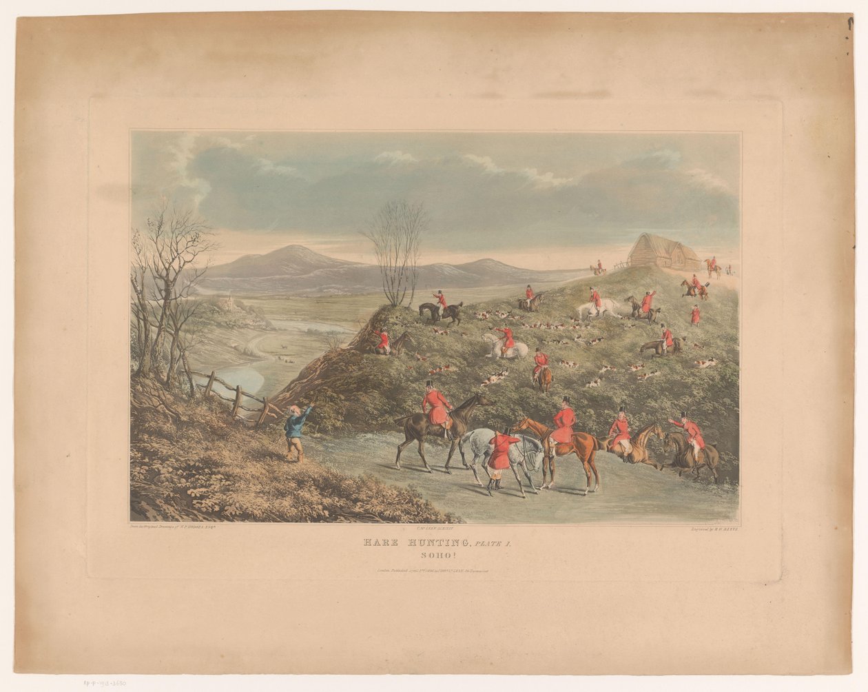 Hilly Landscape with Hunters and Dogs in a Field Hunting Hares (Hare Hunting, Plate 1. Soho!) by Richard Gilson Reeve