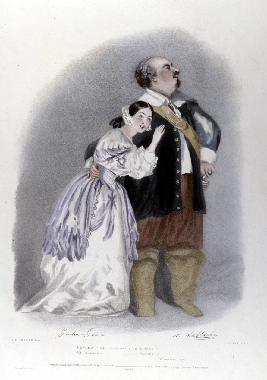 Giulia Grisi and Luigi Lablache in the 3rd act of “The Puritans” by Vincenzo Bellini. Lithography by R. J. Lane. 1835 by Richard James Lane