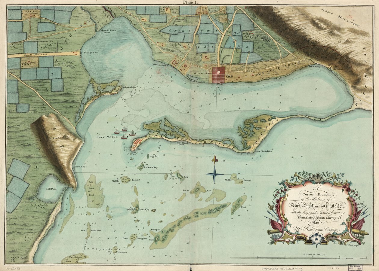A Correct Draught of the Harbours of Port Royal and Kingston, with the Keys and Shoals Adjacent &c. from a Late Accurate Survey, by Mr. Richd Jones, Engineer by Richard; Mynde Jones