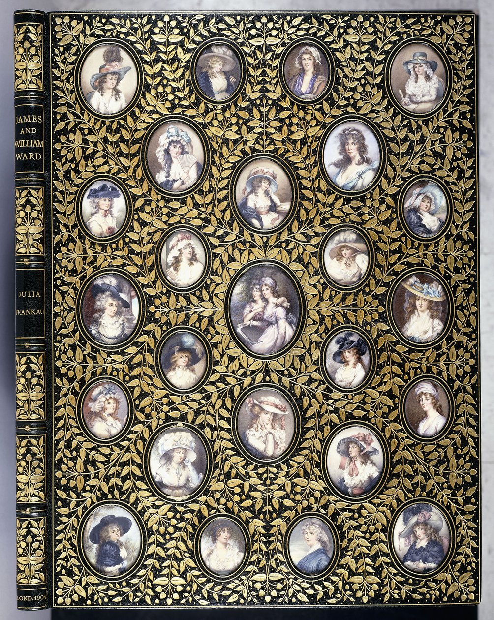 A book cover with twenty-five portrait miniatures of beautiful women ...