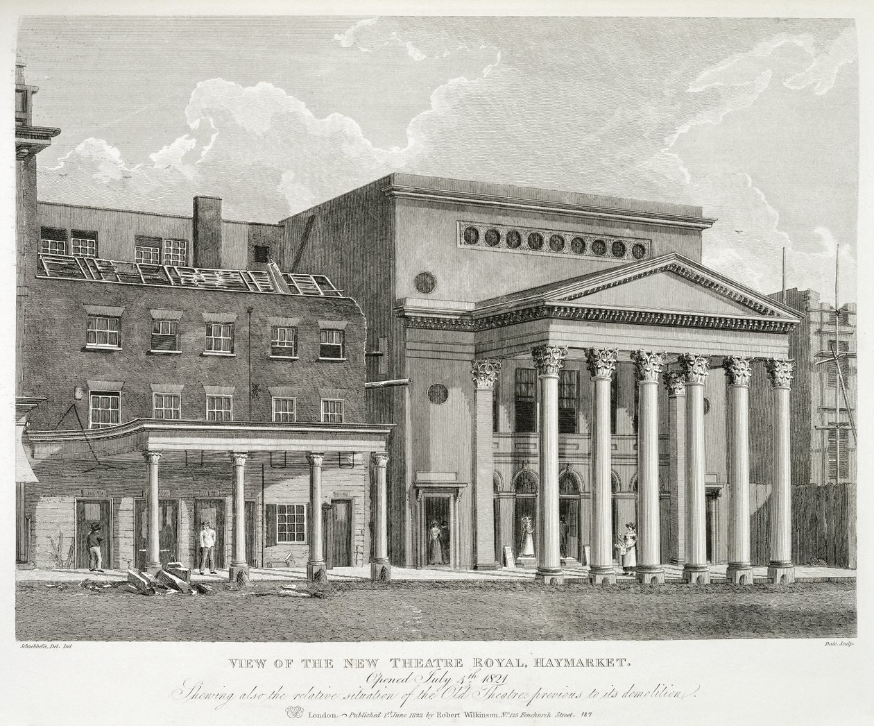 View of the New Theatre Royal, Haymarket, in London, Opened July 4th 1821, Showing also the Relative Situation of the Old Theatre Previous to its Demolition, engraved by Dale, 1822 by Robert Blemell after Schnebbelie