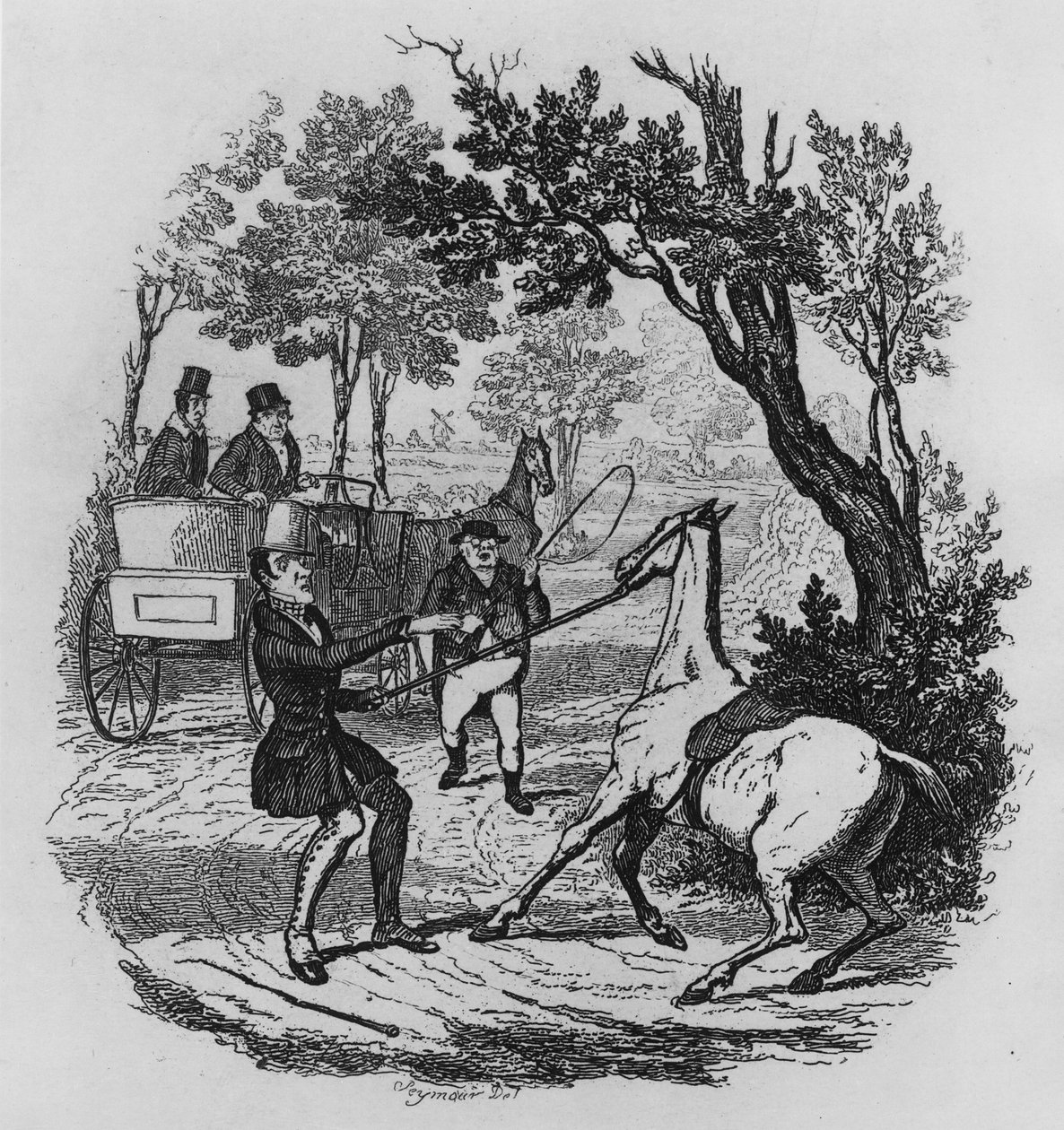 Mr. Winkle and Mr. Pickwick Trying to Control Their Horse, Illustration from 
