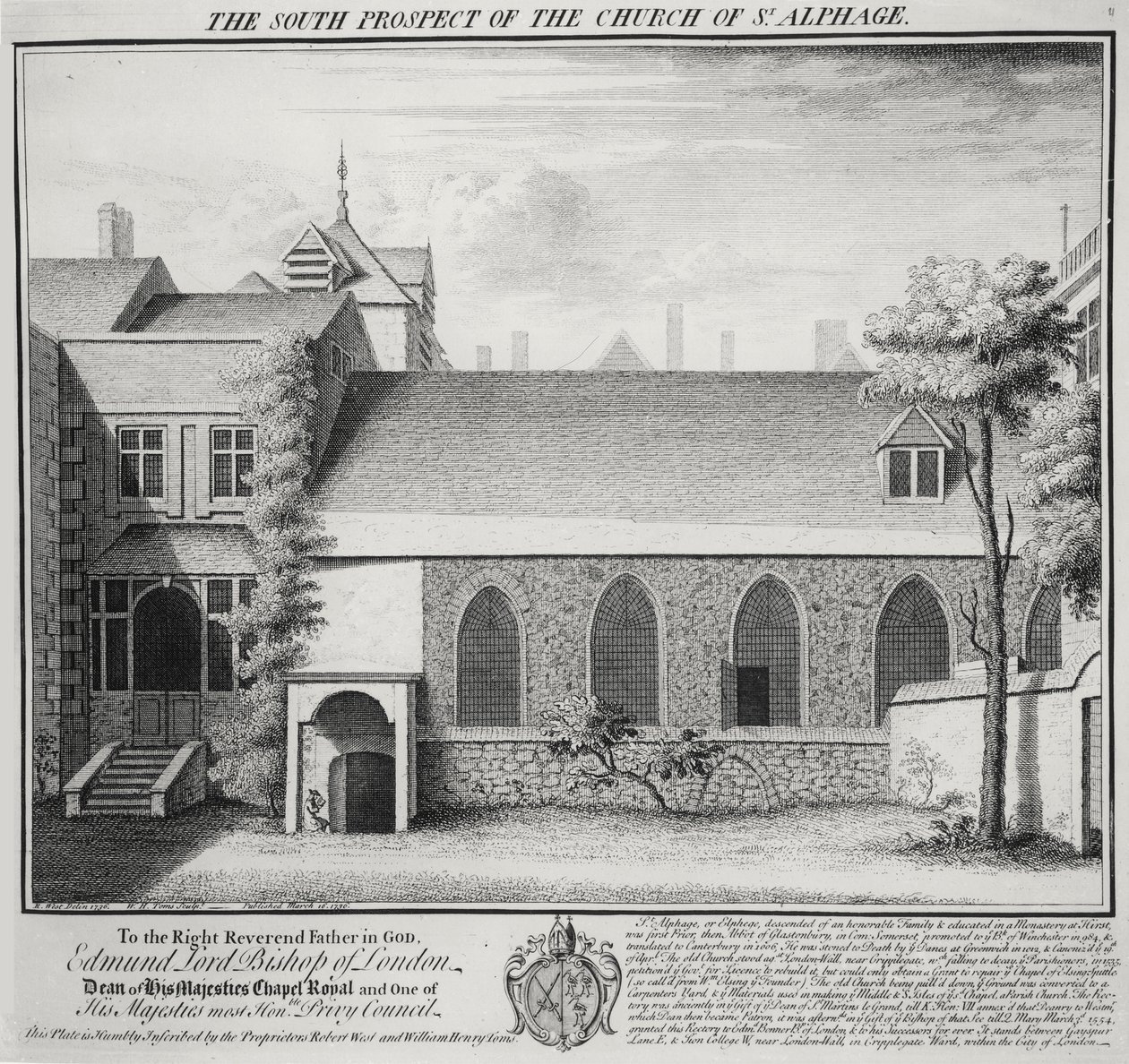 The South Prospect of the Church of St. Alphage, engraved by William Henry Toms (c.1700-50) 1736 by Robert West