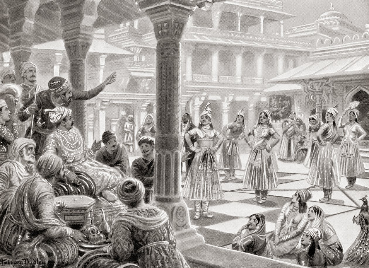 Akbar playing pachisi or chaupur with live pieces at Fatehpur Sikri in 1575, from Hutchinson