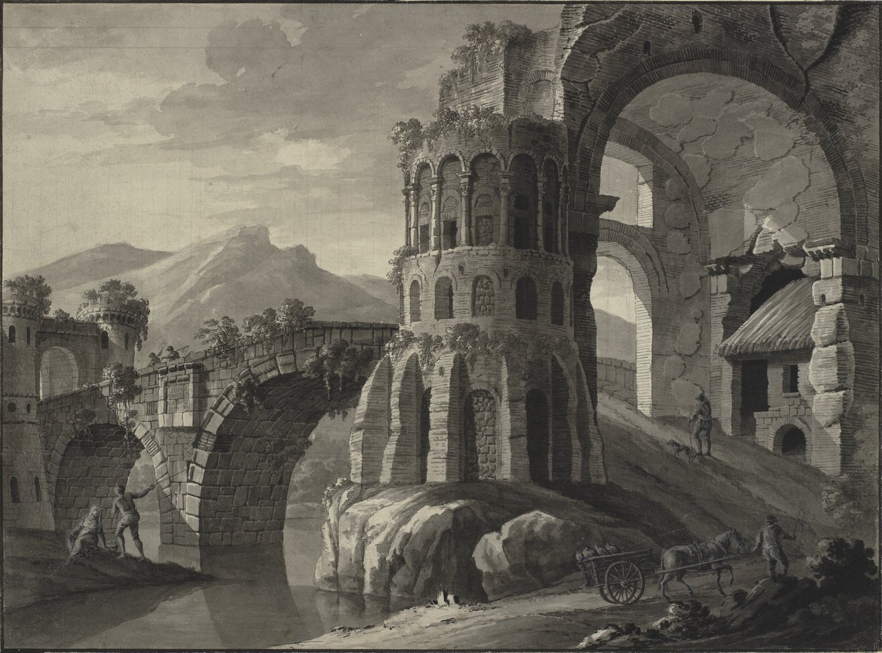 Architectural Fantasy: Ruin of Antique Bridge, Flanked by Medieval Towers by Robert Adam