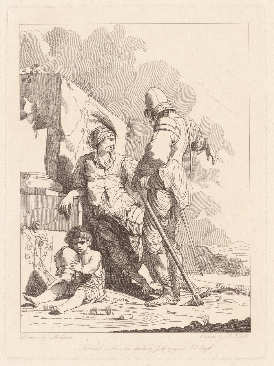 Two Soldiers and Child Holding a Helmet by Robert Blyth, after John Hamilton Mortimer