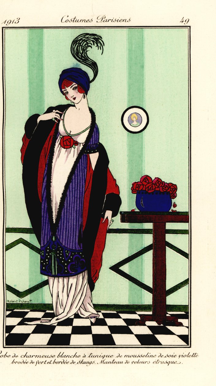 Woman in White Charmeuse Satin Gown with Violet Chiffon Tunic Trimmed with Skunk Fur, Cape of Etruscan Velvet by Robert Pichenot