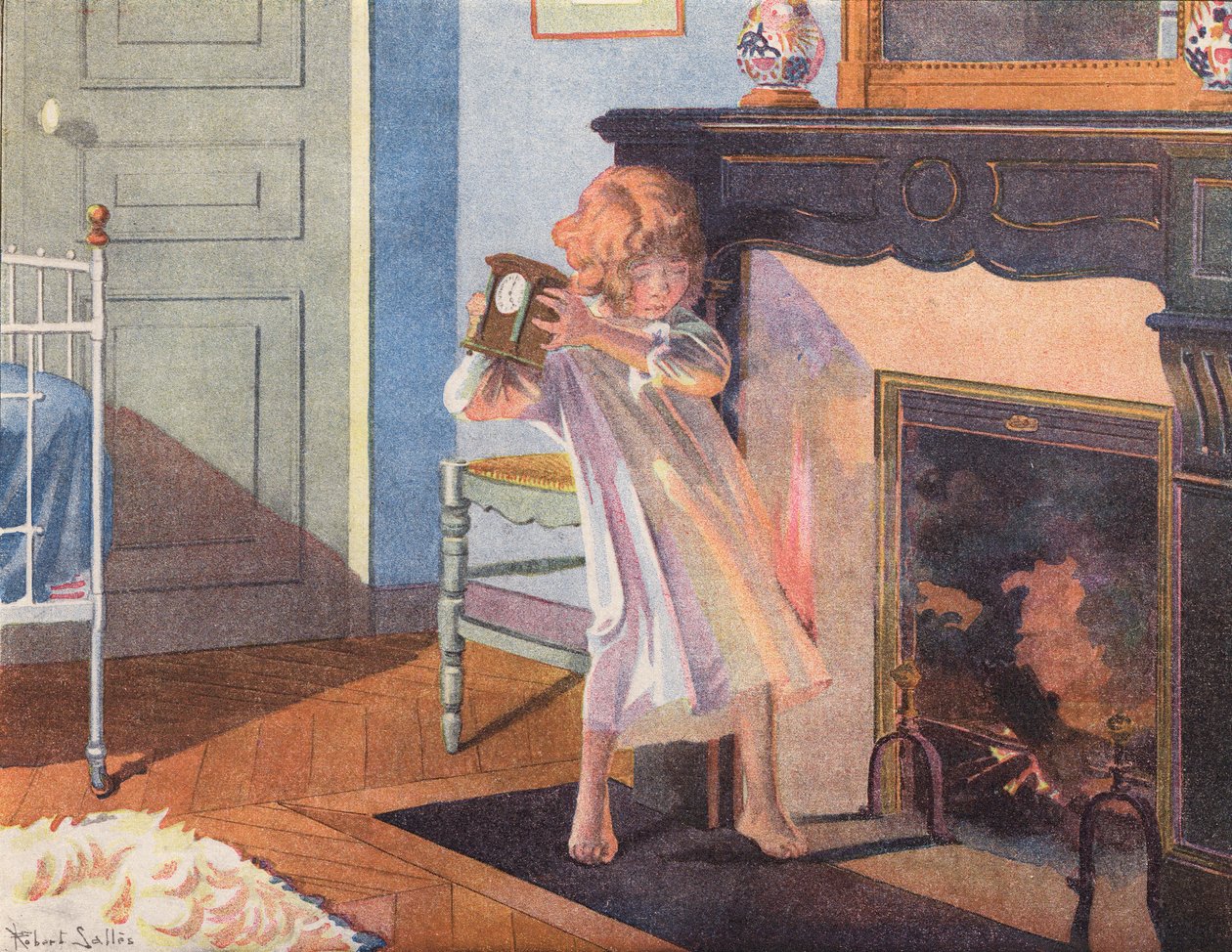 Little Girl Holding a Clock by a Fireplace by Robert Salles