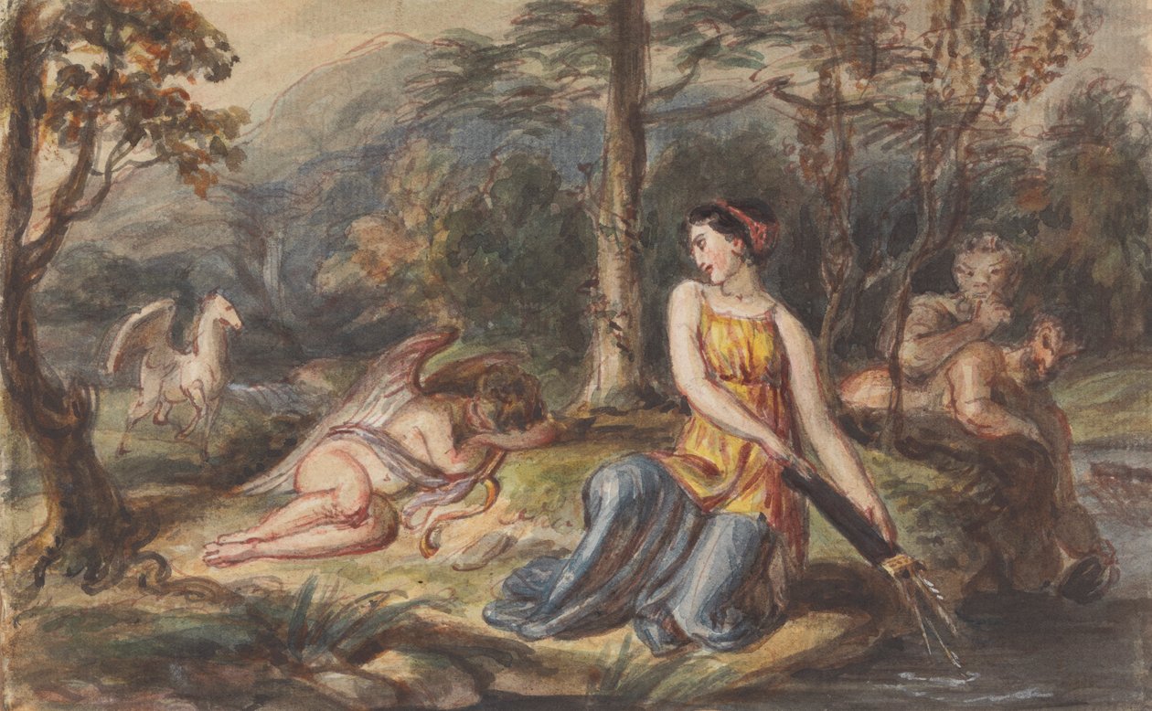 Diana, Goddess of the Hunt, with Satyrs, Sleeping Cupid and a Pegasus in a Wooded Landscape by Robert Smirke