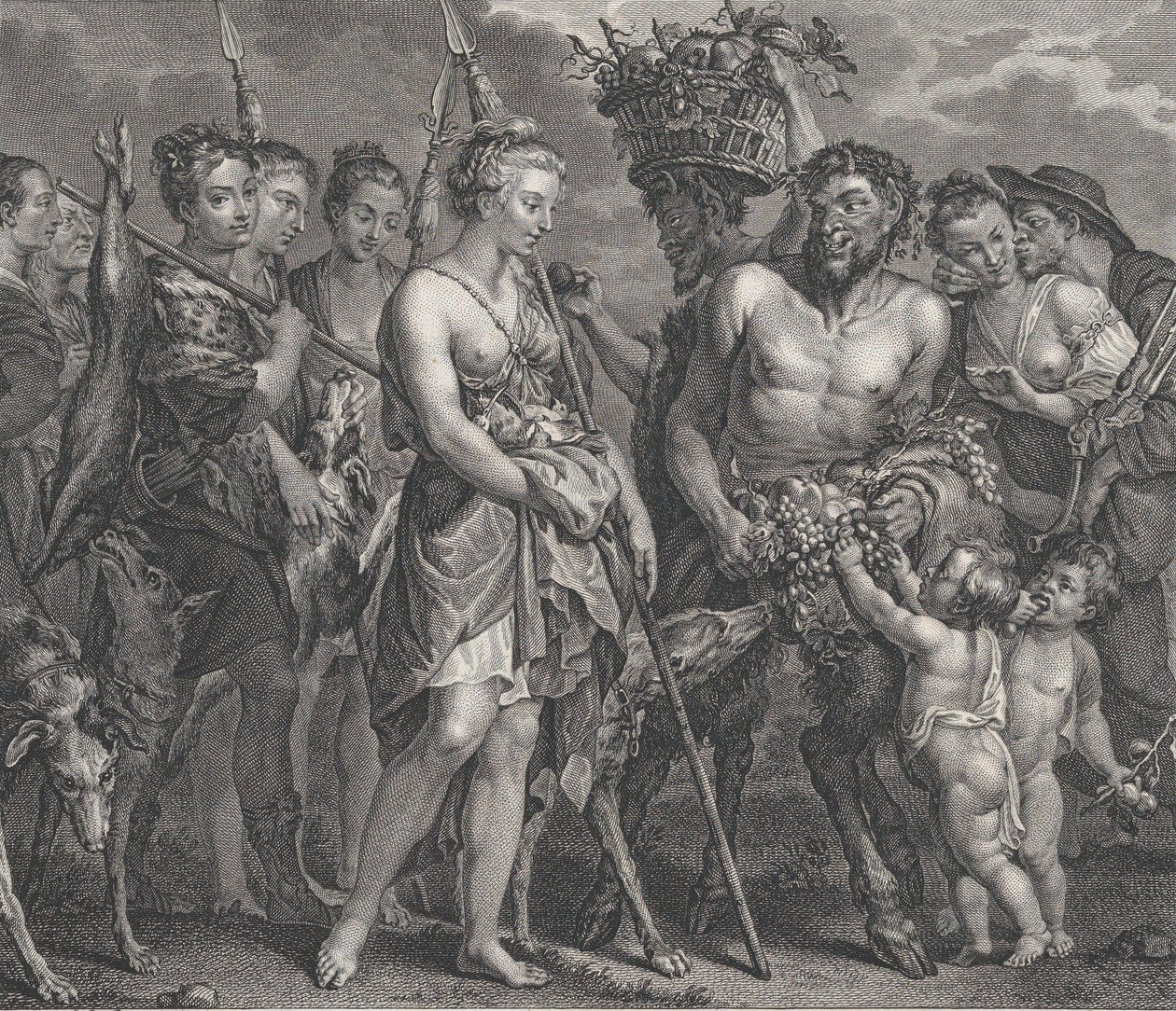 Diana Returning from the Chase, Accompanied by Dogs and Her Nymphs at Left, Two Satyrs by Robert de Launay