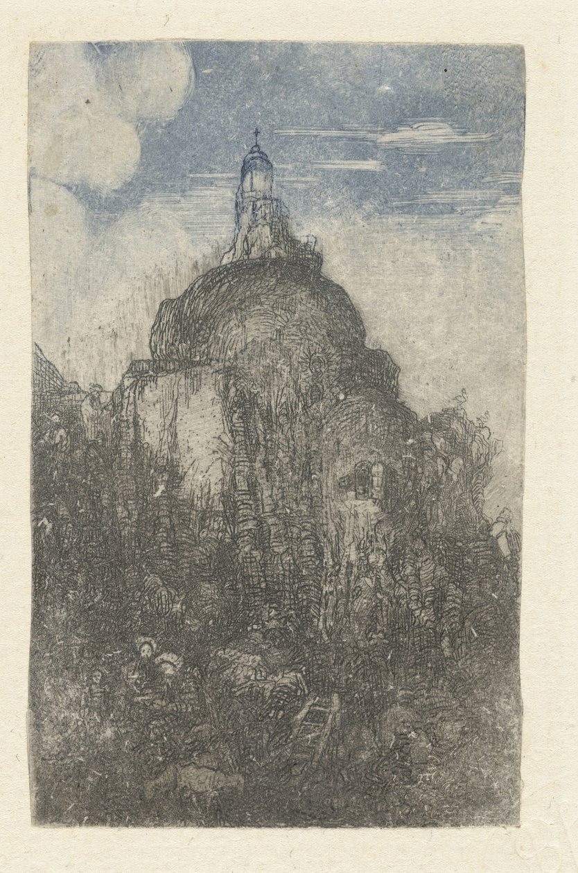 Building on a Rock and Resting Shepherds with Sheep at the Foot of the Rock from Le Phare, Chapelle alpestre by Rodolphe Bresdin