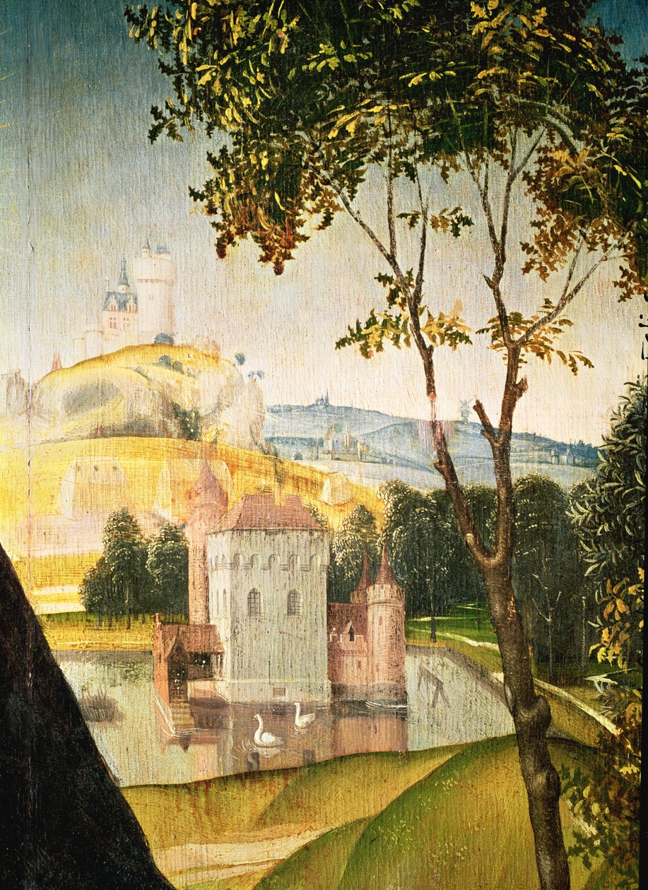 Landscape with castle in a moat and two swans (detail) by Rogier van der Weyden
