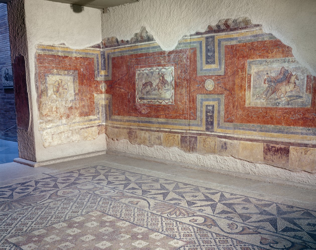 A recreation of the interior of a Roman house, with mosaic floors and ...