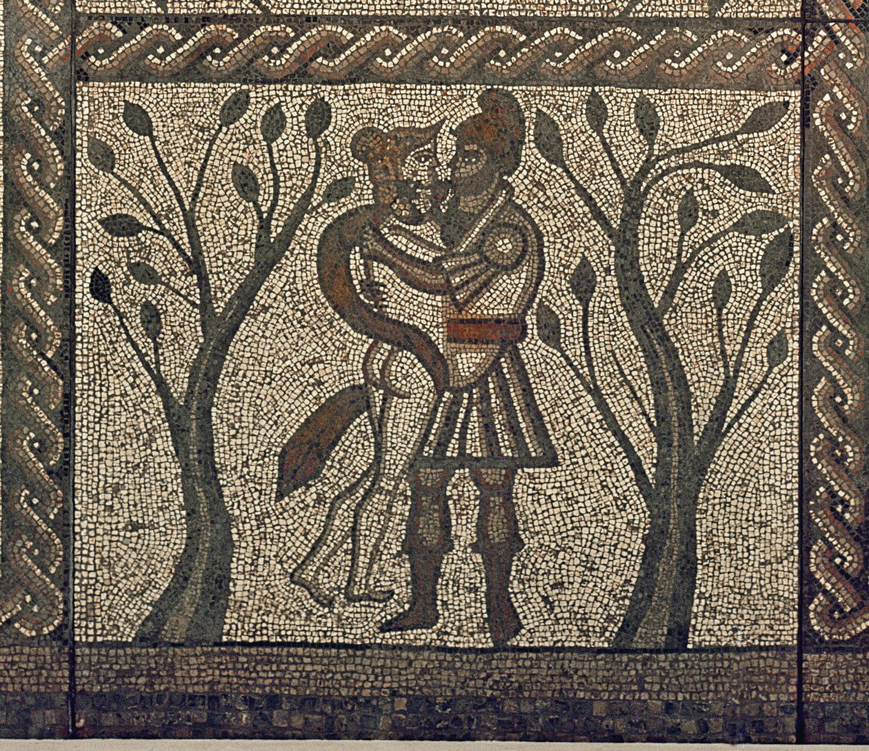 Dido and Aeneas embracing, from the mosaic pavement in the Roman villa at Low Ham, c.350 AD (detail) by Roman