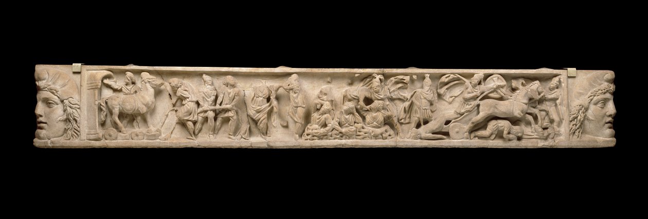 Sarcophagus lid with relief of the Trojan War - Sack of Troy, Trojan Horse and Achilles and the body of Hector, c.200 AD by Roman