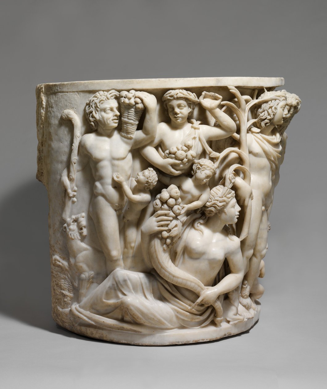 Detail of marble sarcophagus with the Triumph of Dionysos and the Seasons by Roman