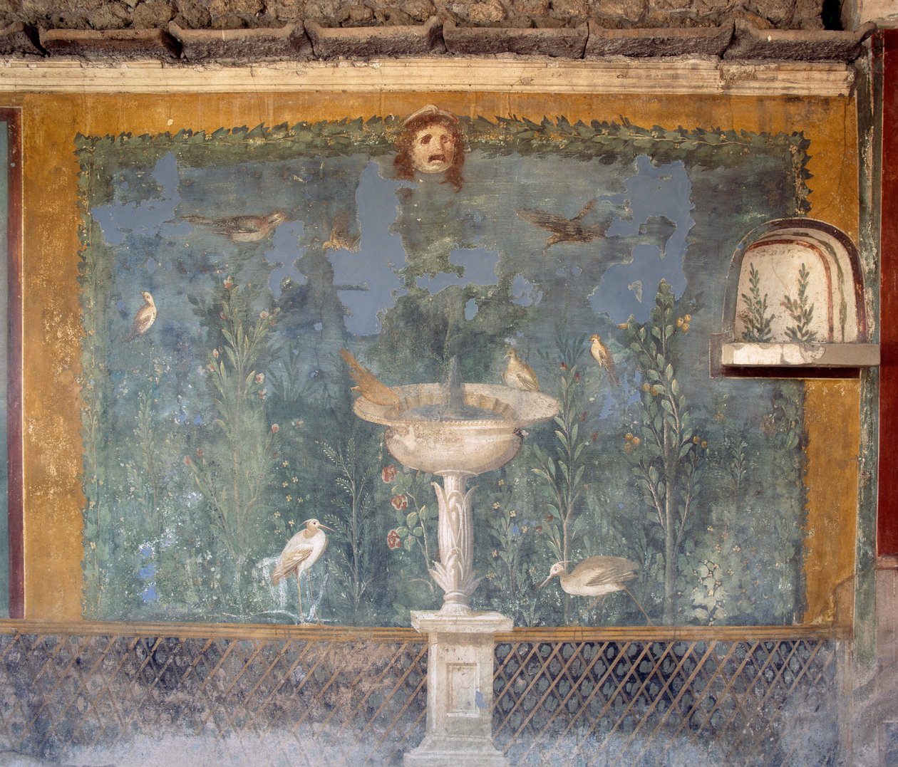 Fresco with Fountain, Mask and Birds, House of Venus in Shell, Pompeii by Roman