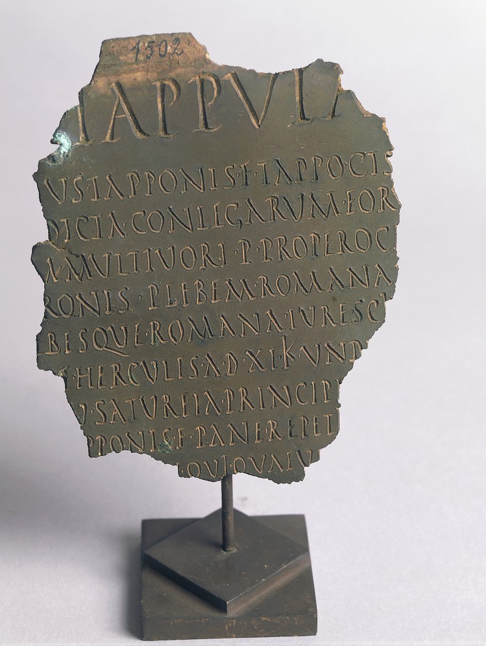 Lex Tappula, fragment of satirical law drawn up by convivial circle from Vercelli, parody written in same form as Roman plebiscite laws, forming part of leges conviviales which were handed down by Festo, bronze, Roman civilization by Roman