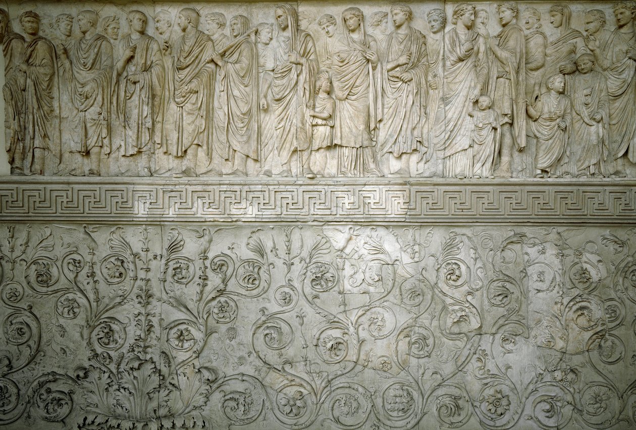 Roman Art: Imperial cortege of Emperor Augustus. Low north relief in marble of the Ara Pacis Augustae built by the Roman Emperor Augustus between 13 and 9 BC on the Champ de Mars in Rome to commemorate the peace following the wars by Roman