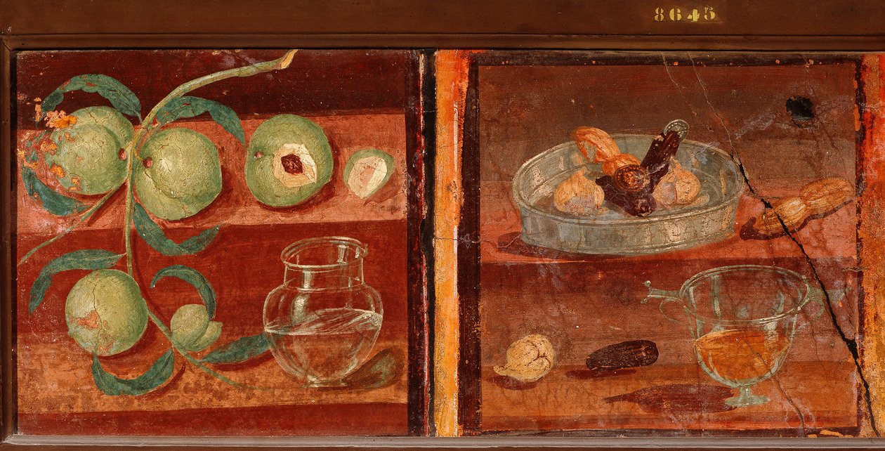 Roman Art: Still life of peaches and dried fruit. Roman fresco from Pompei. 1st century BC-1st century AD. Preserved at the National Archaeological Museum of Naples. Italy by Roman