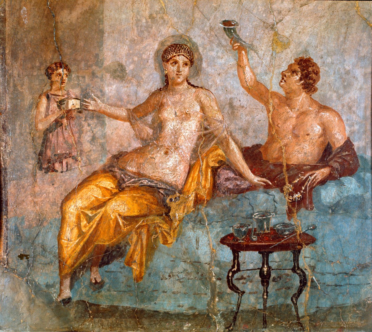 Roman Art: Banquet Scene, a Young Man and a Courtesan. Roman fresco of the 4th Pompeian style from the site of Ercolano (Herculaneum) 60-80 AD by Roman