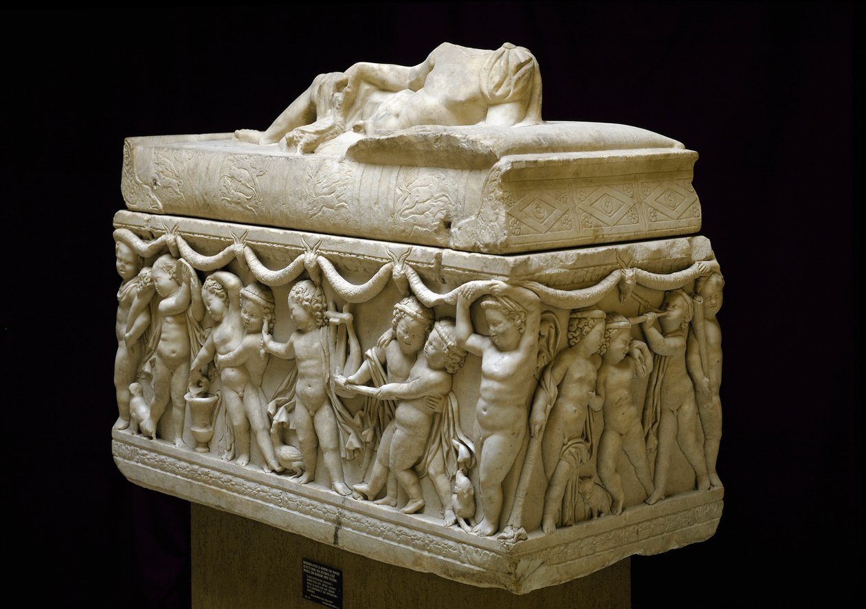 Roman Antiquity: Marble Sarcophagus with Reliefs of Children