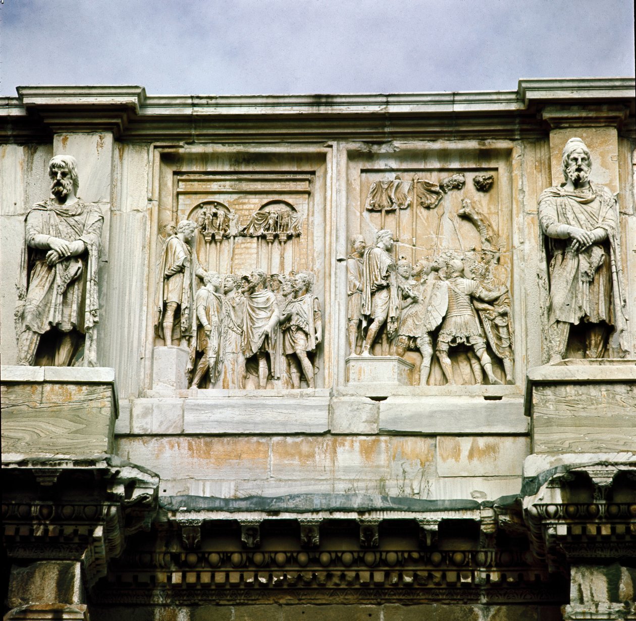 Roman art: low marble relief representing the distribution of subsidies and the surrender of a barbarian leader by Roman