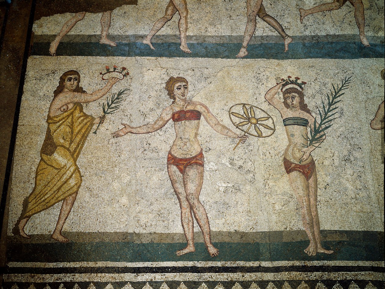 Roman art: young Romans engaged in physical exercises. Detail of mosaic by Roman