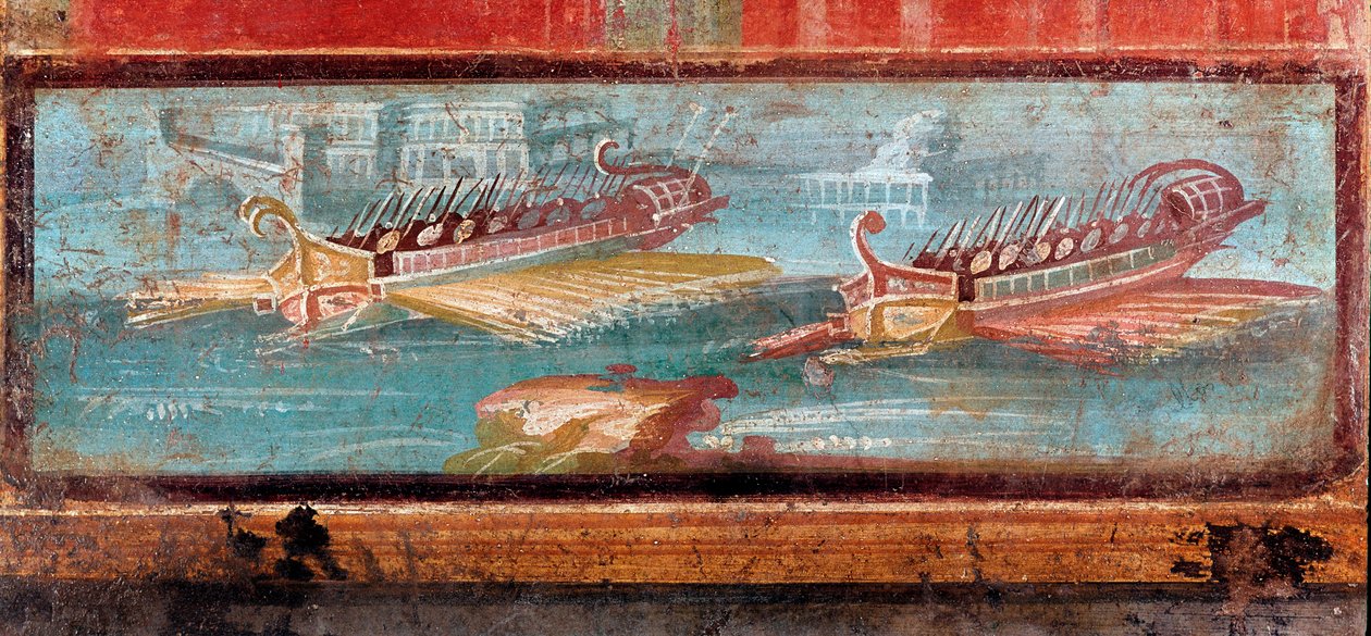 Roman war ships at the entrance of a port by Roman