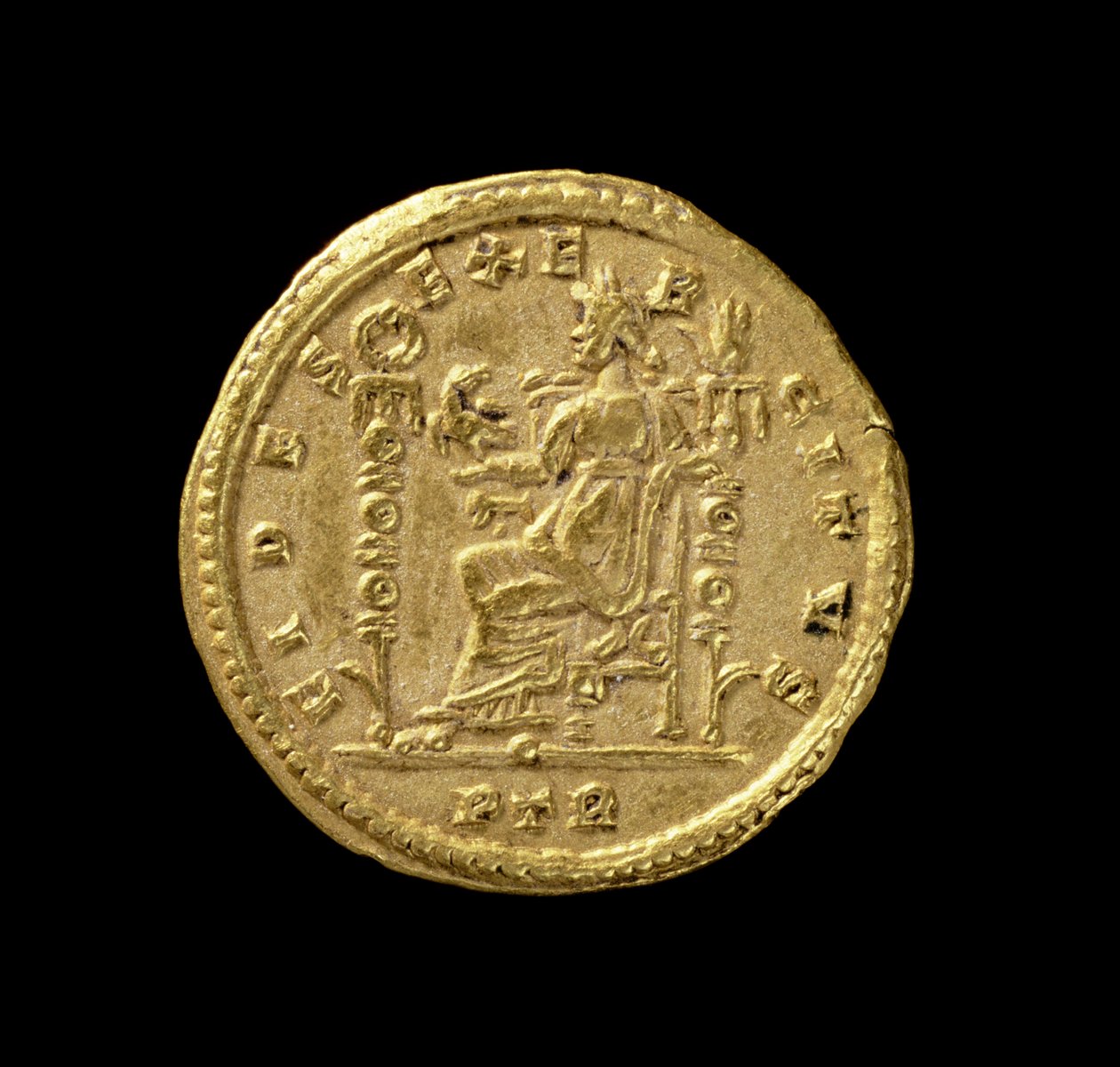 Solidus of Constantine I, the Great, depicting Fides seated left on the throne by Roman